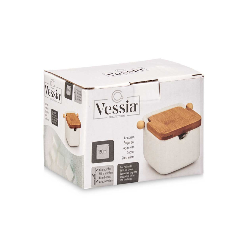 WHITE CERAMIC SUGAR BOWL WITH BAMBOO LID