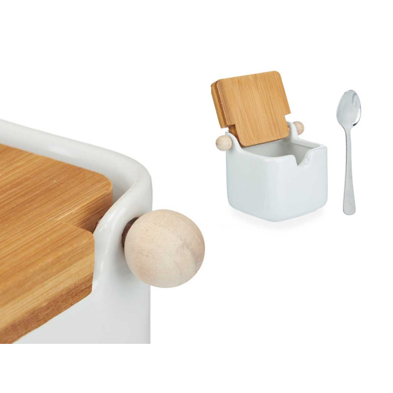 WHITE CERAMIC SUGAR BOWL WITH BAMBOO LID
