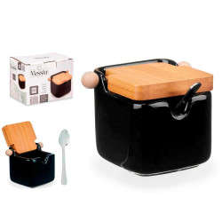 BLACK CERAMIC SUGAR BOWL WITH BAMBOO LID