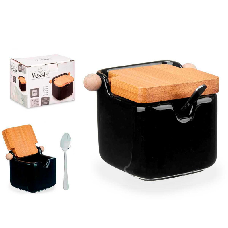 SUCRIER CÉRAMIQUE NOIR COUVERCLE BAMBOU