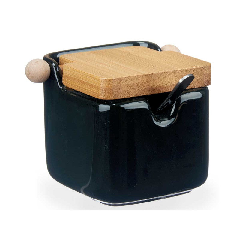 BLACK CERAMIC SUGAR BOWL WITH BAMBOO LID