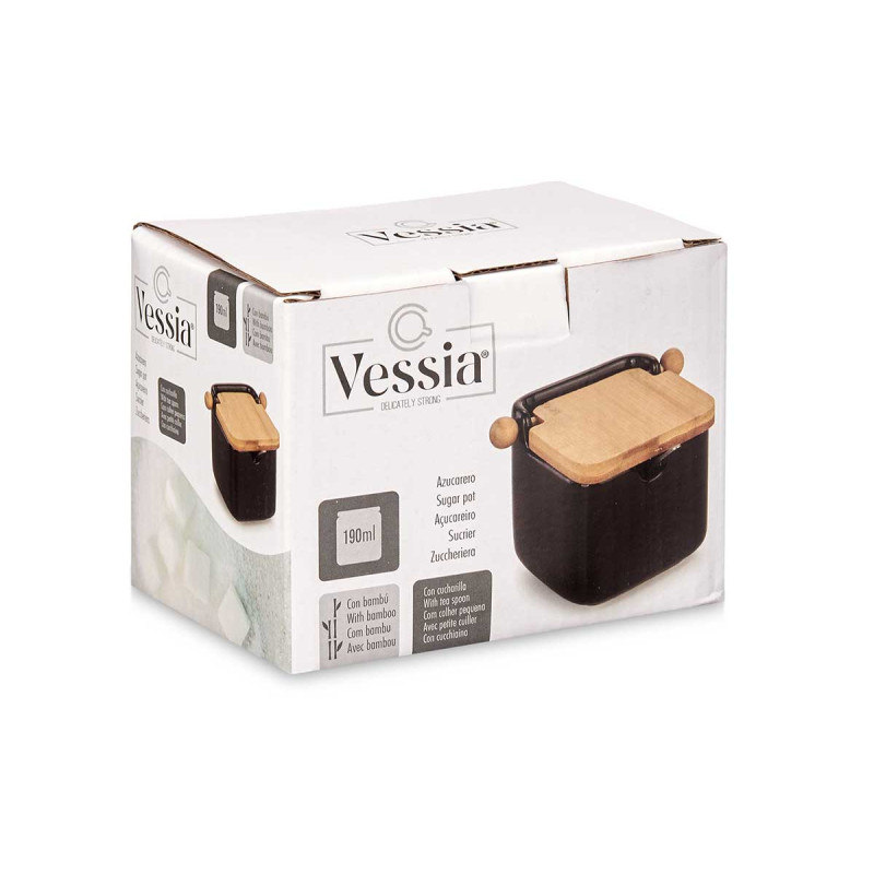 AÇUCAREIRO CERAMICA PRETO C TAMPA BAMBU