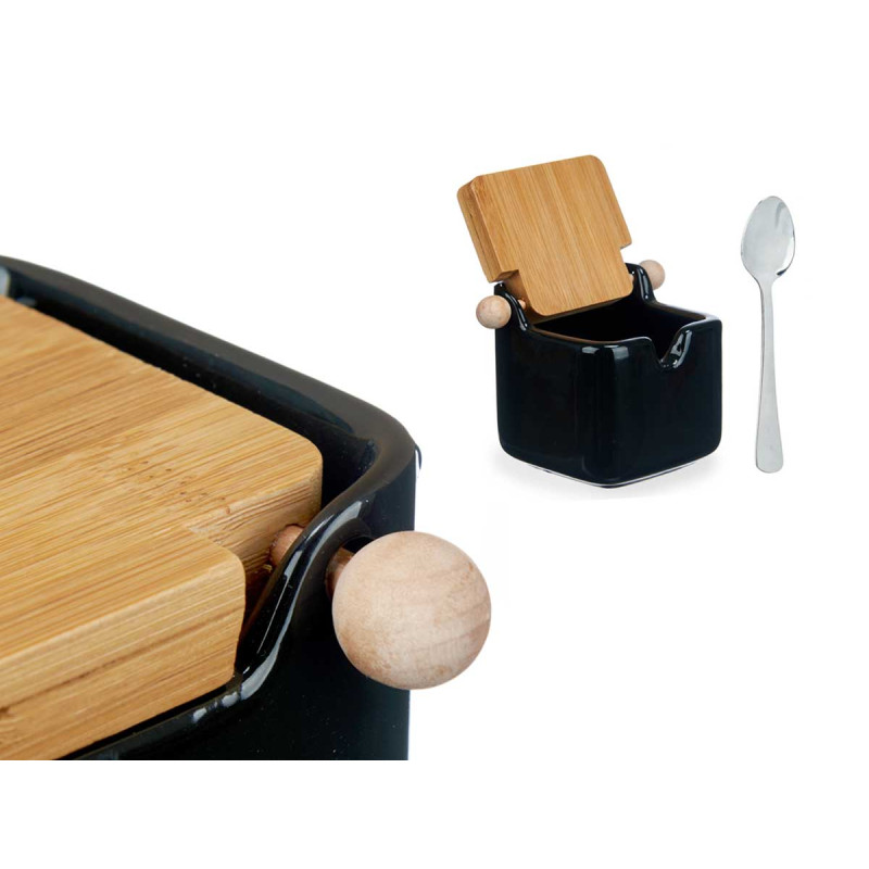 BLACK CERAMIC SUGAR BOWL WITH BAMBOO LID