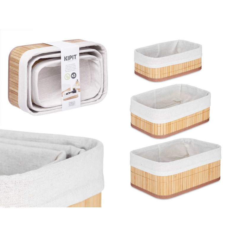 CONJ 3 CESTOS RECTANG BAMBU E TECIDO NATURAL