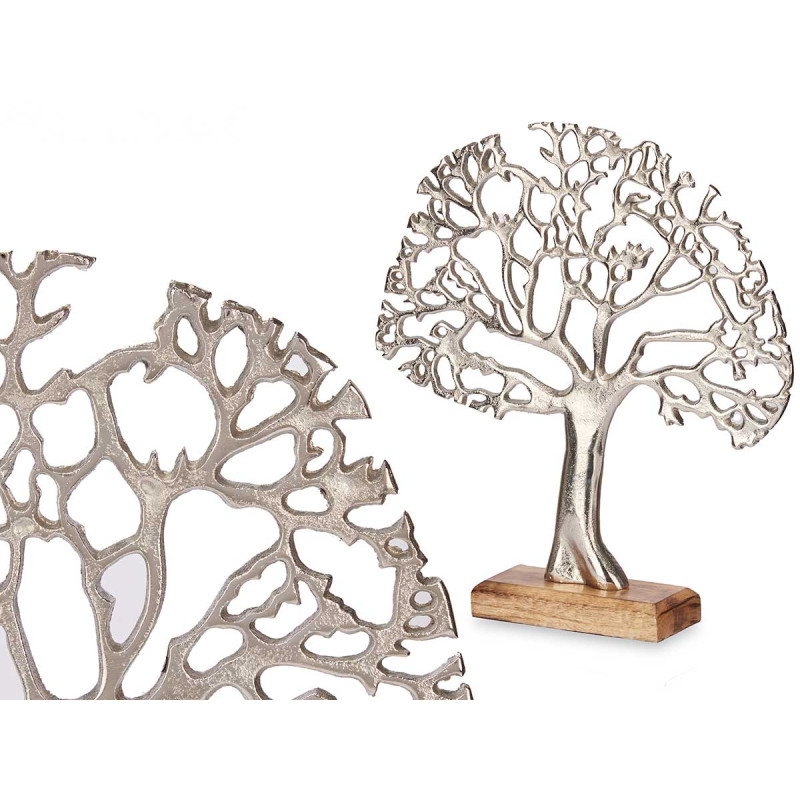 SILVER METAL TREE OF LIFE WITH WOODEN BASE