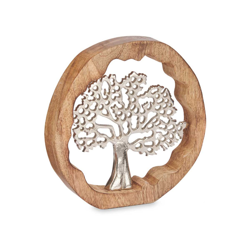ARBRE DE VIE EN MÉTAL ARGENTÉ AVEC SUPPORT EN BOIS