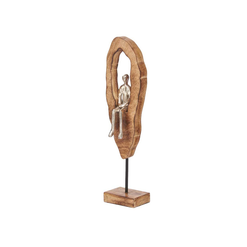 FIGURINE DÉCOR ARGENT ASSISE SUPPORT BOIS HAUT