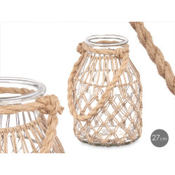 GLASS CANDLEHOLDER WITH NATURAL ROPE MEDIUM