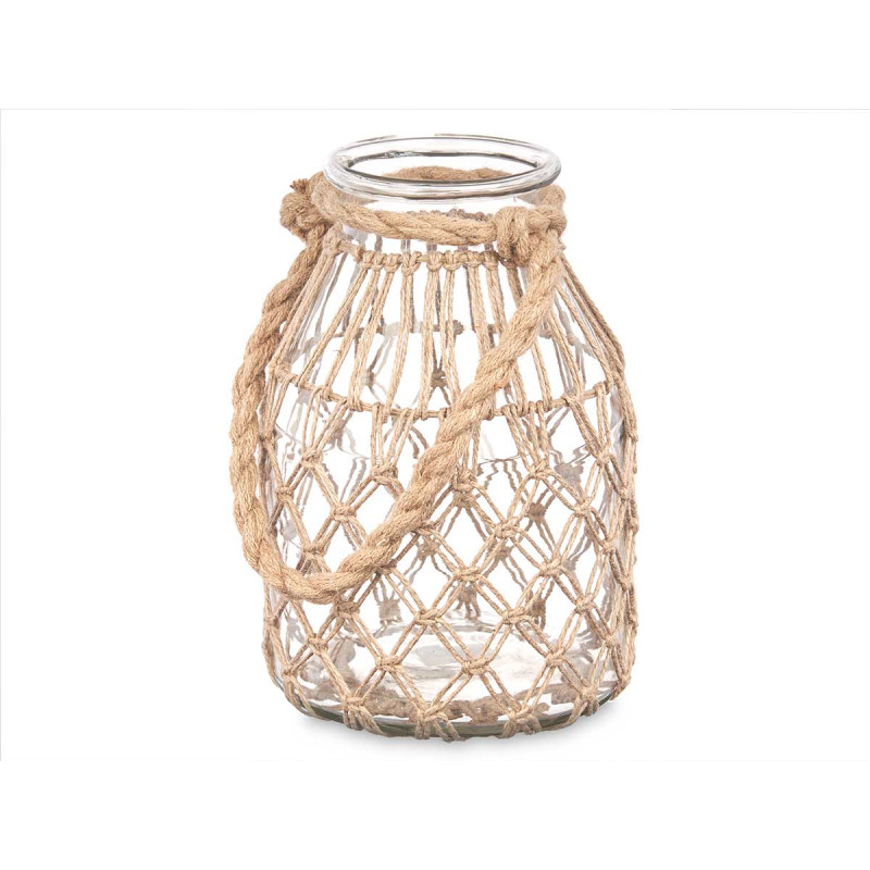 GLASS CANDLEHOLDER WITH NATURAL ROPE MEDIUM