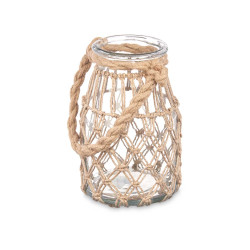 GLASS CANDLEHOLDER WITH NATURAL ROPE SMALL