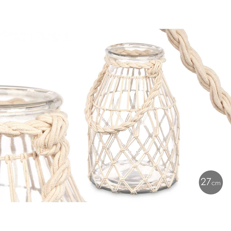 GLASS CANDLEHOLDER WITH WHITE ROPE MEDIUM