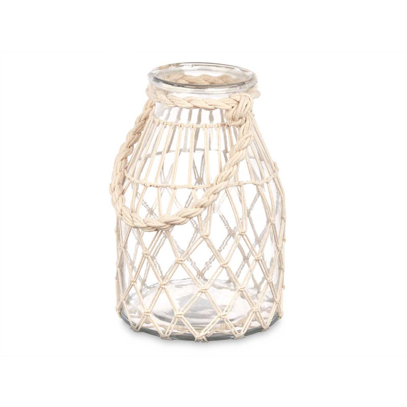 GLASS CANDLEHOLDER WITH WHITE ROPE MEDIUM