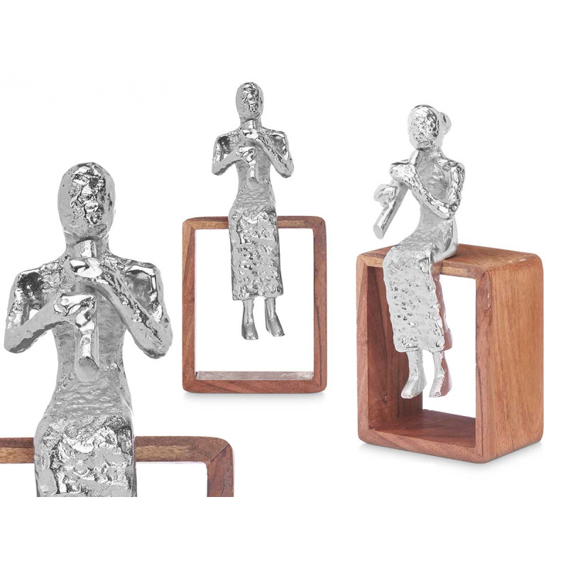 FIGURINE MÉTAL FLÛTE ARGENT AVEC SUPPORT EN BOIS