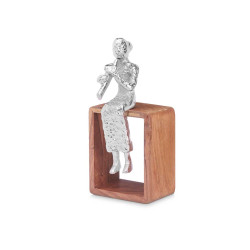 FIGURINE MÉTAL FLÛTE ARGENT AVEC SUPPORT EN BOIS
