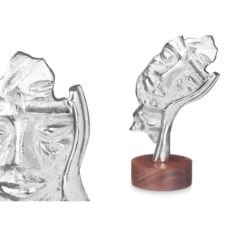 FIGURINE MÉTAL VISAGE MAIN ARGENT SUPPORT EN BOIS