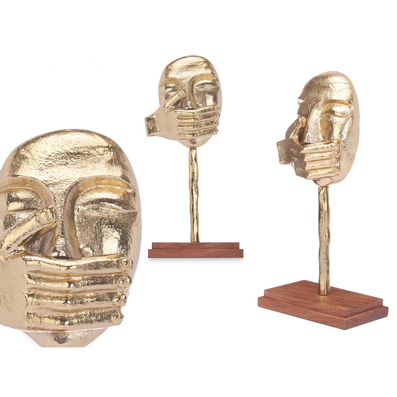 FIGURINE MÉTAL MAIN BOUCHE OR AVEC SUPPORT EN BOIS