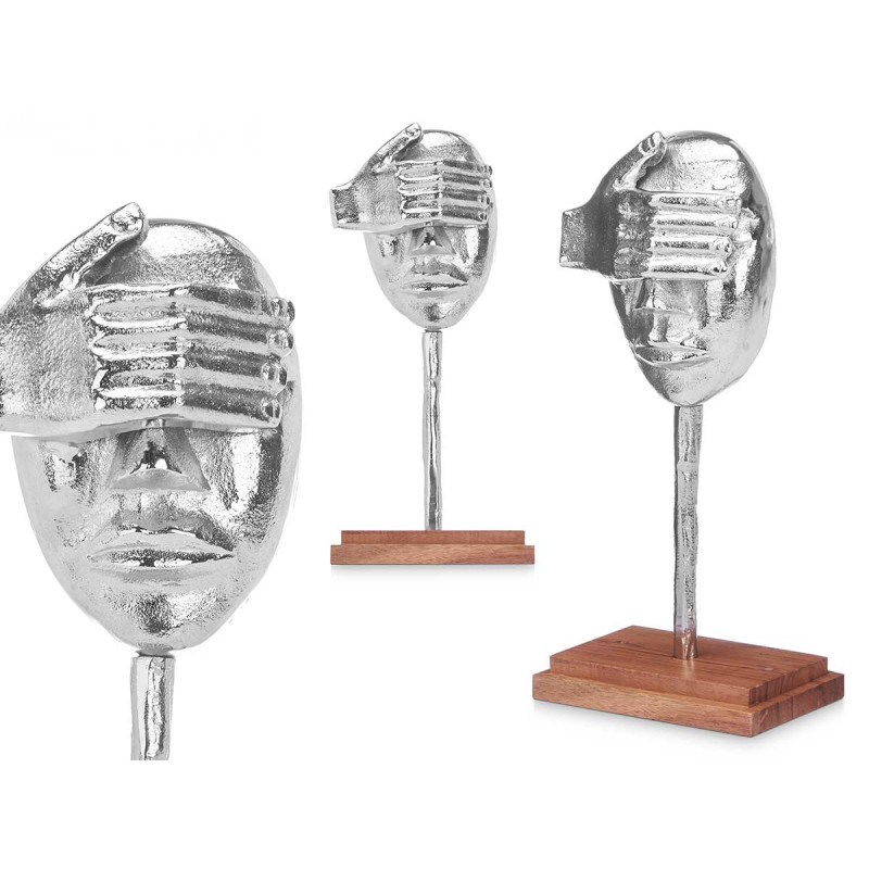 FIGURINE MÉTAL MAIN YEUX ARGENT AVEC SUPPORT BOIS