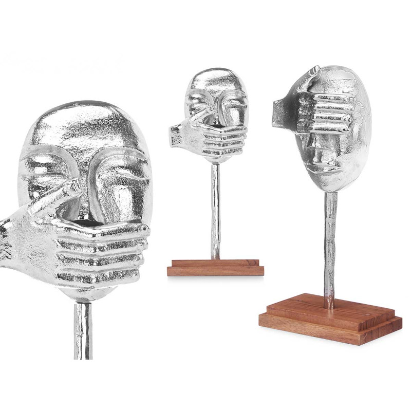 FIGURINE MÉTAL MAIN BOUCHE ARGENT SUPPORT BOIS