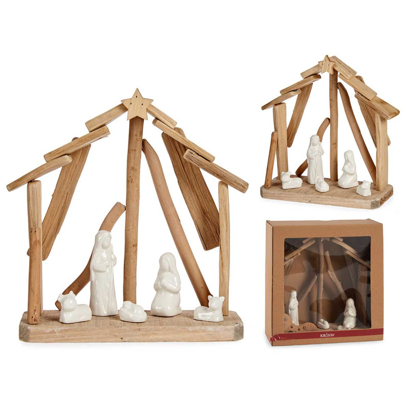 NASCITA IN LEGNO CON 5 FIGURE TETTO STELLA GRANDE