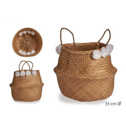 CESTO JUNCO MARINHO 35CM NATURAL C POMPOM