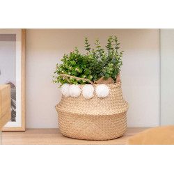CESTA JUNCO MARINO 35CM NATURAL POMPONES