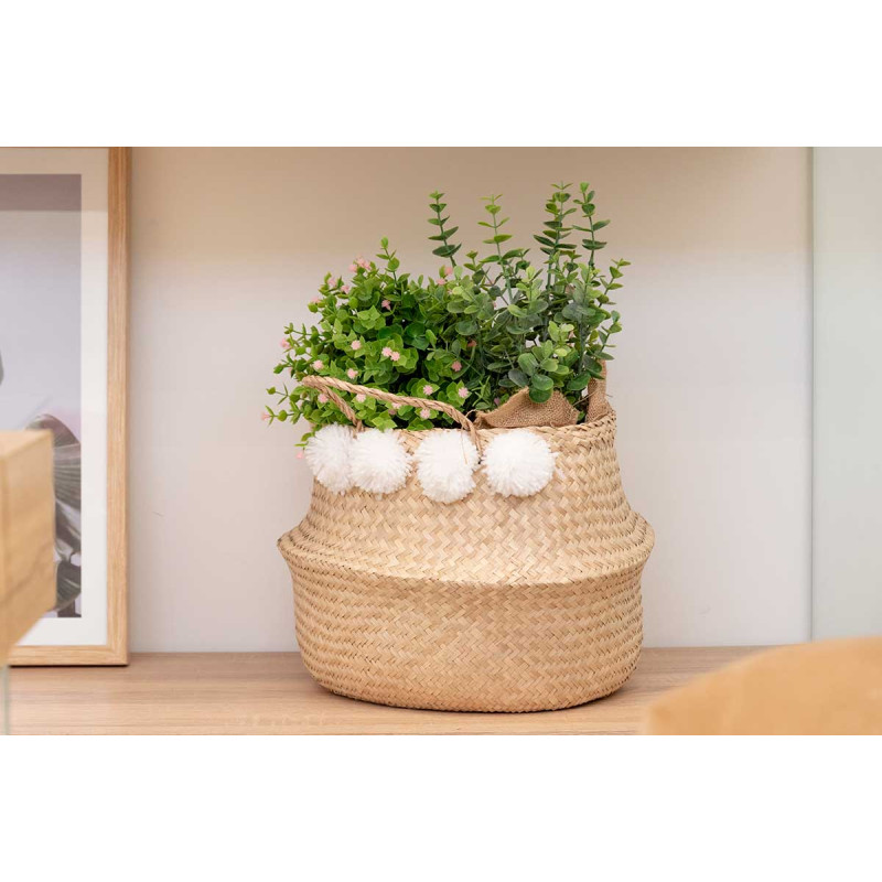 CESTO JUNCO MARINHO 35CM NATURAL C POMPOM