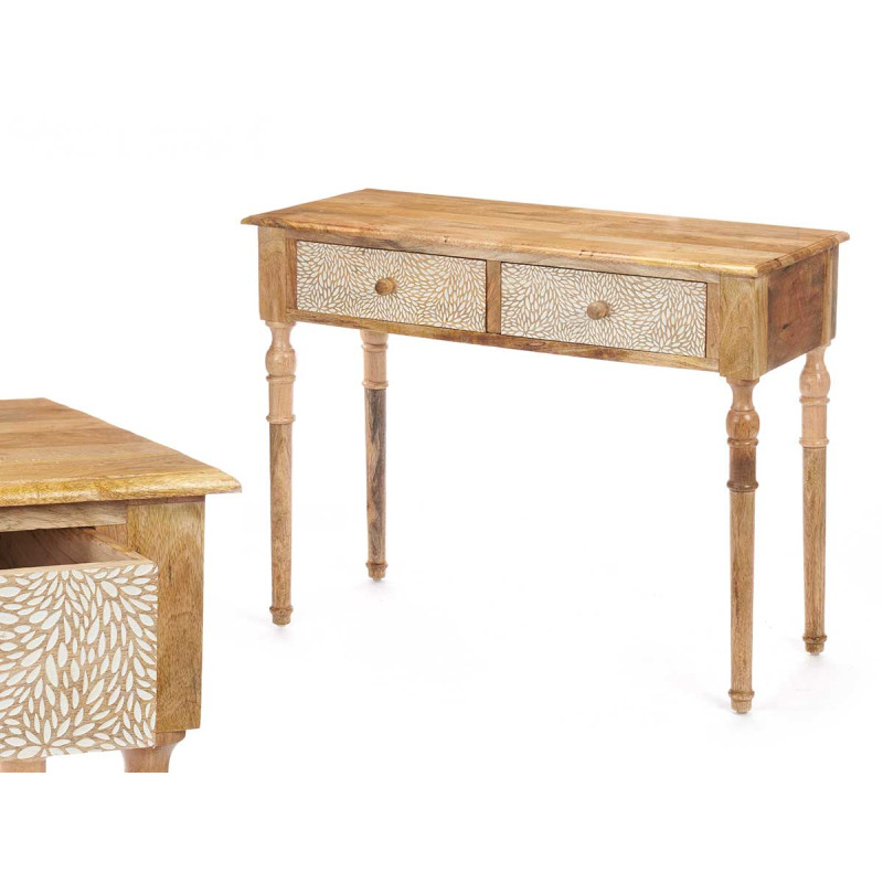 HALL TABLE 2 DRAWERS LEAVES NATURAL WHITE