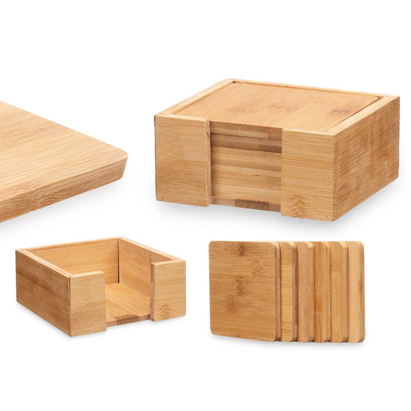 SET 6 SQUARE BAMBOO COASTERS WITH SUPPORT