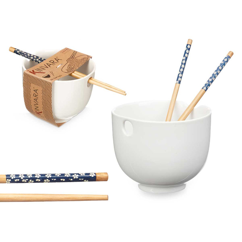 ASIAN PORCELAIN BOWL WHITE BAMBOO CHOPSTICK