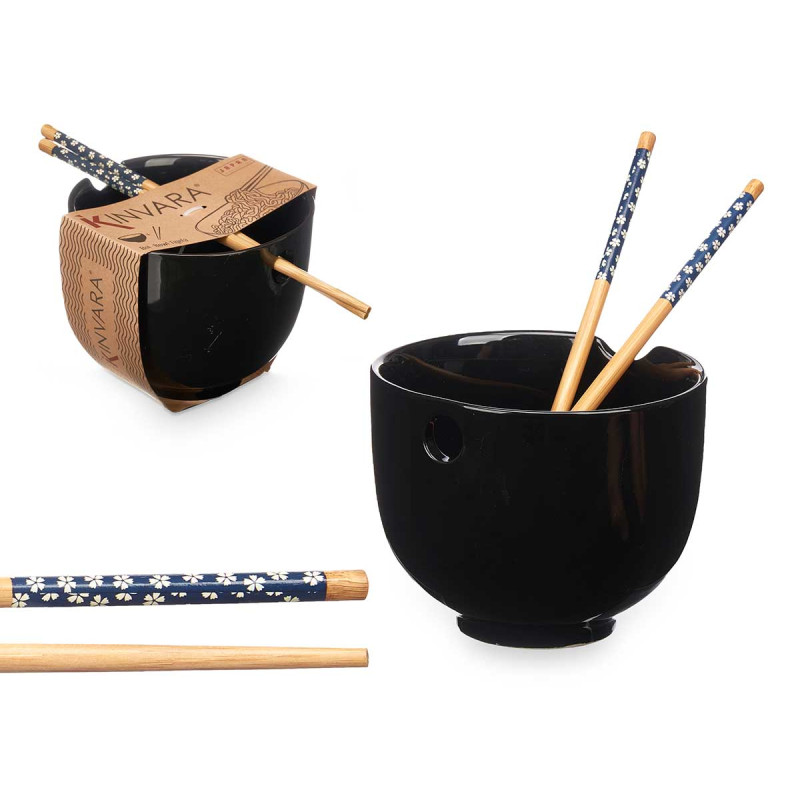 ASIAN PORCELAIN BLACK BOWL BAMBOO CHOPSTICK