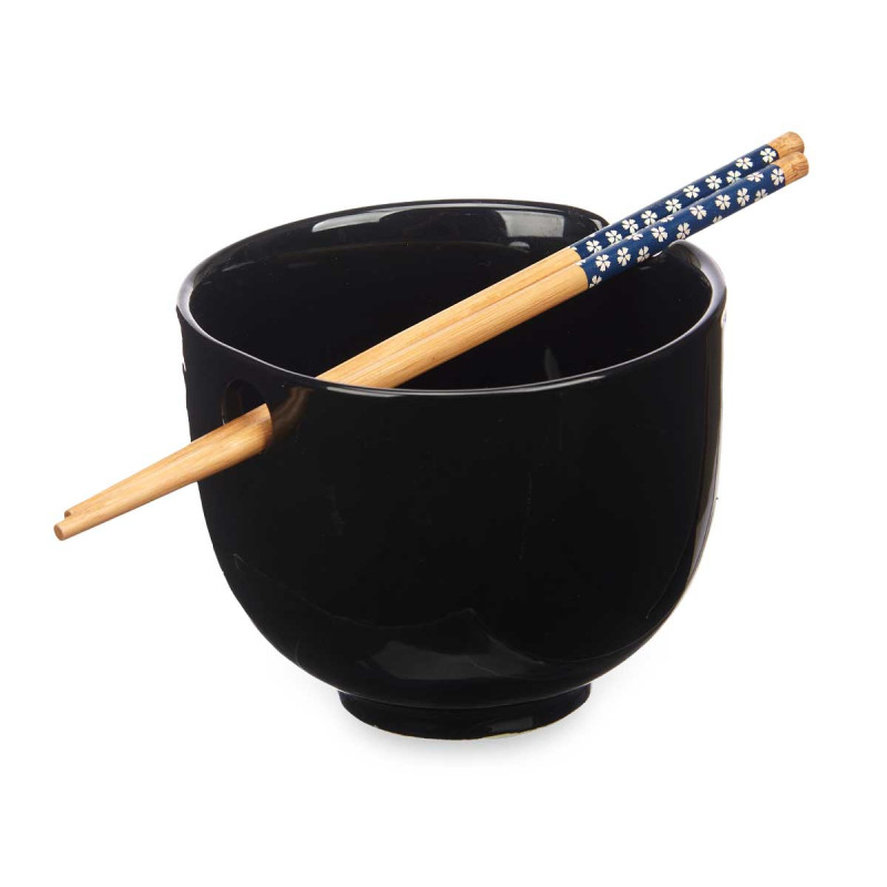 ASIAN PORCELAIN BLACK BOWL BAMBOO CHOPSTICK