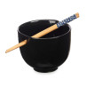ASIAN PORCELAIN BLACK BOWL BAMBOO CHOPSTICK