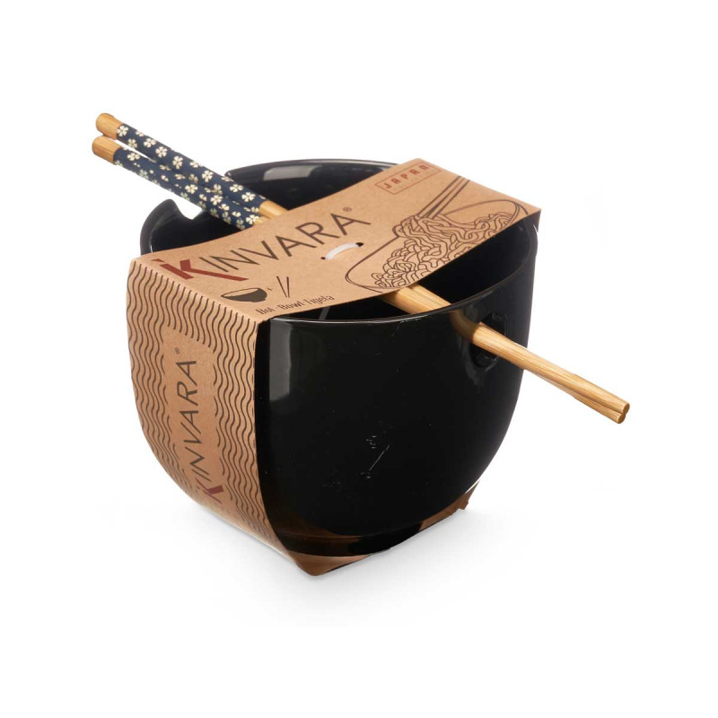 ASIAN PORCELAIN BLACK BOWL BAMBOO CHOPSTICK