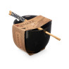 ASIAN PORCELAIN BLACK BOWL BAMBOO CHOPSTICK
