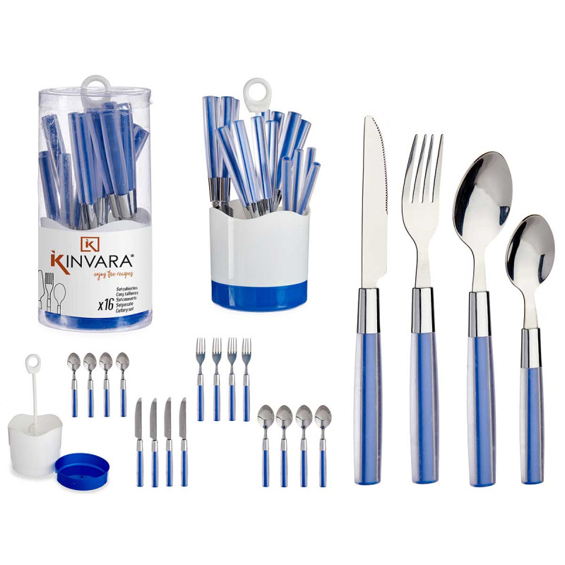 SET 16 COUVERTS ACIER INOXYD MANCHE PS BLEU FONCE 