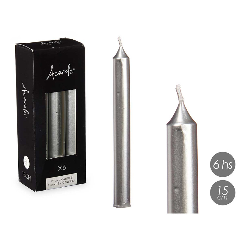 SET 6 BOUGIES  ARGENT 15 CM 6 HEURES