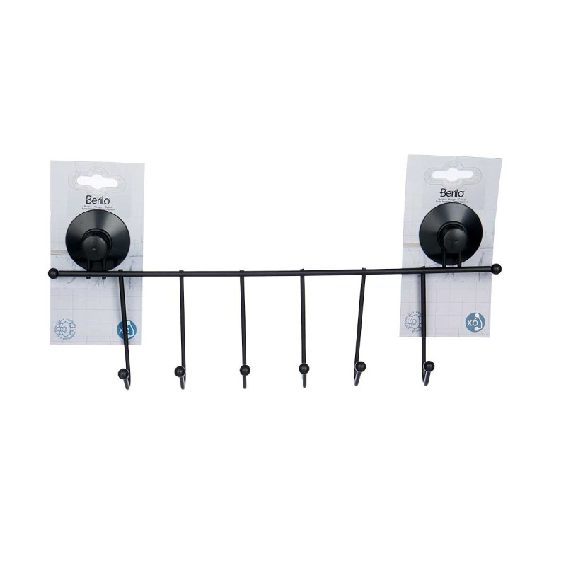 METAL HANGER 6 HOOKS MATT BLACK SUCTION PAD