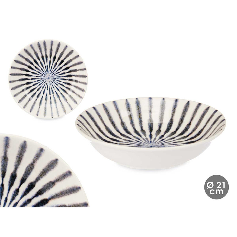 ASSIETTE CREUSE PORCELAINE 21CM RAYURE BLEUE