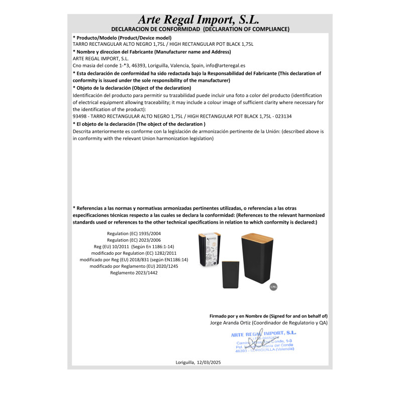 BARATTOLO RETTANGOLARE ALTO NERO 1,75L