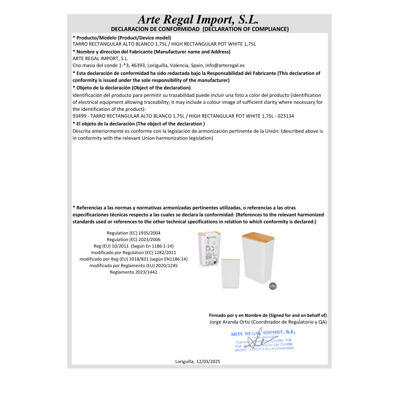 BARATTOLO RETTANGOLARE ALTO BIANCO 1,75L