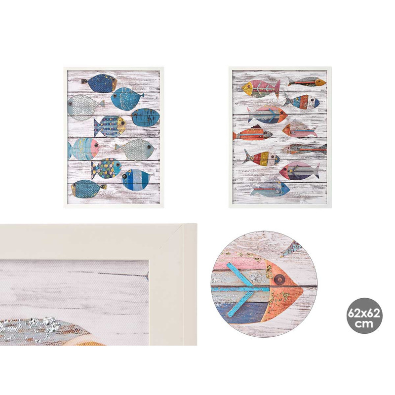 TABLEAU TOILE CADRE BLANC POISSON ASSORT 2 50X70