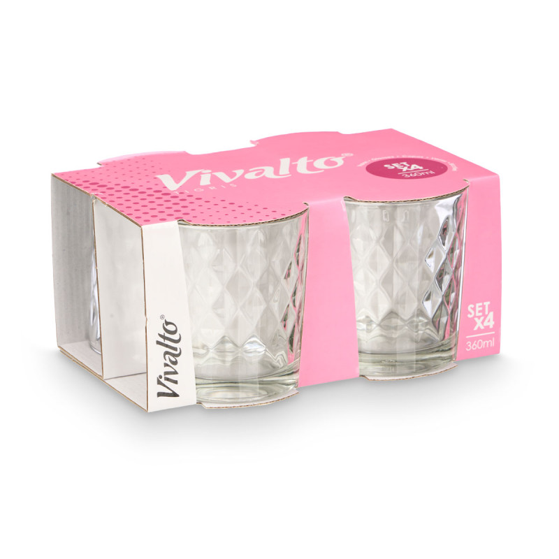 SET 4 VASOS VIDRIO DIAMANTE 360 ML 