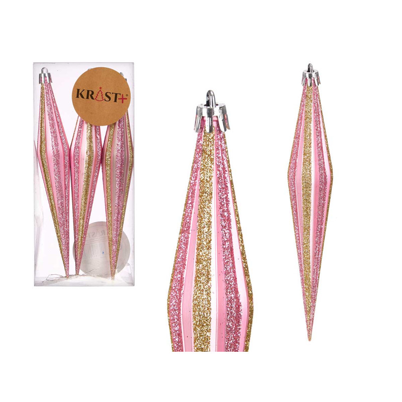 SET 3 ADORNOS NAVIDAD ALARGADOS ROSA CLARO 17CM