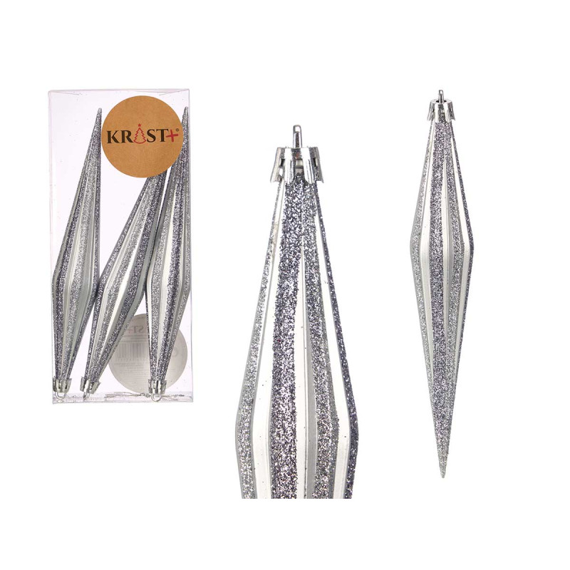 SET 3 ORNAMENTI NATALE ALLUNGATI ARGENTO 17CM