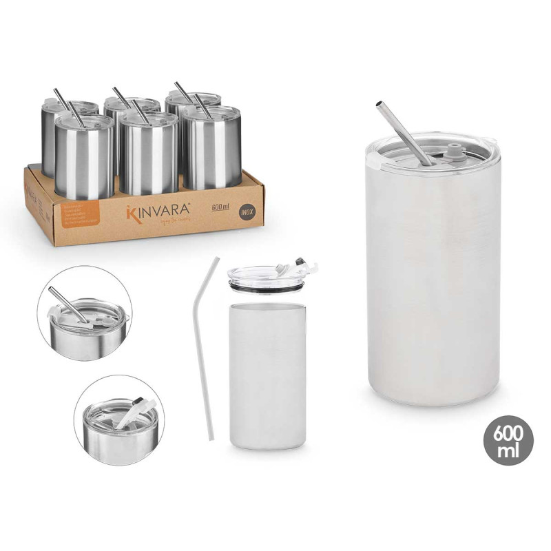 COPO COM PALHITA E TAMPA EM AÇO INOXIDAVEL 600ML