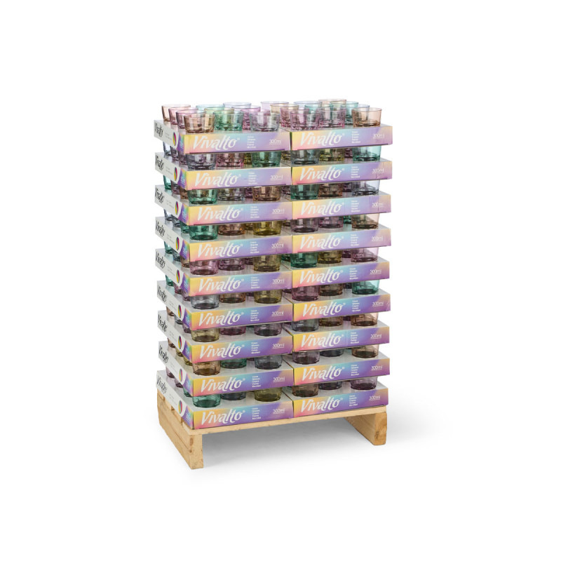 VASO VIDRIO 300 ML SURT 6 COLORES DISPLAY