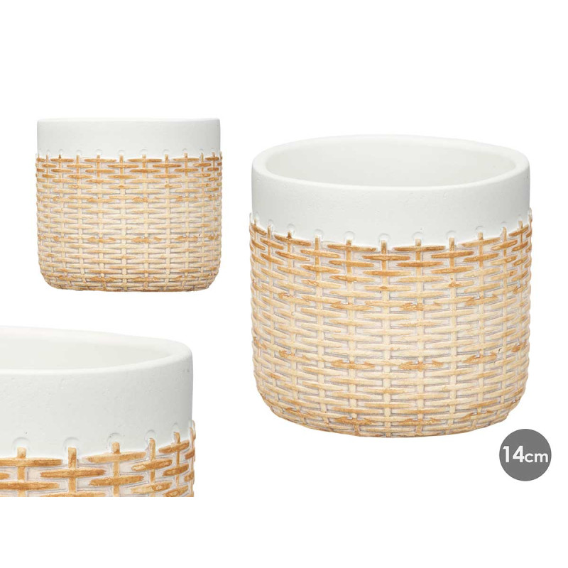 CEMENT POT RATTAN EFFECT 14CM WHITE