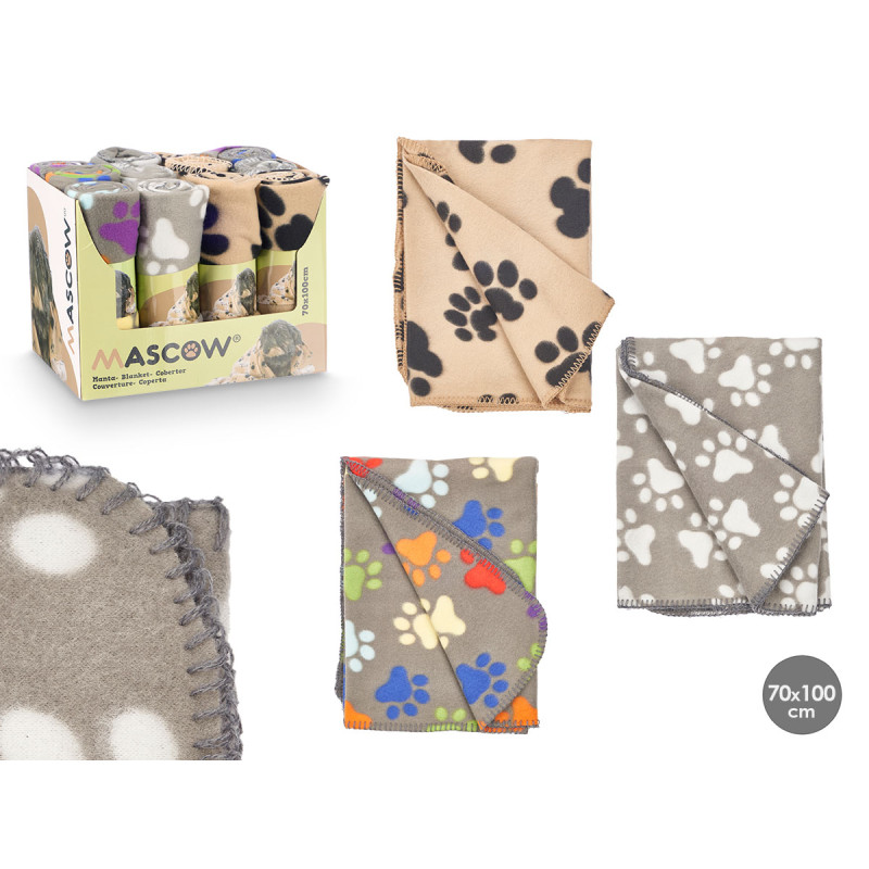 PET BLANKET PAWS ASSORTED 3 COLOURS 70X100CM