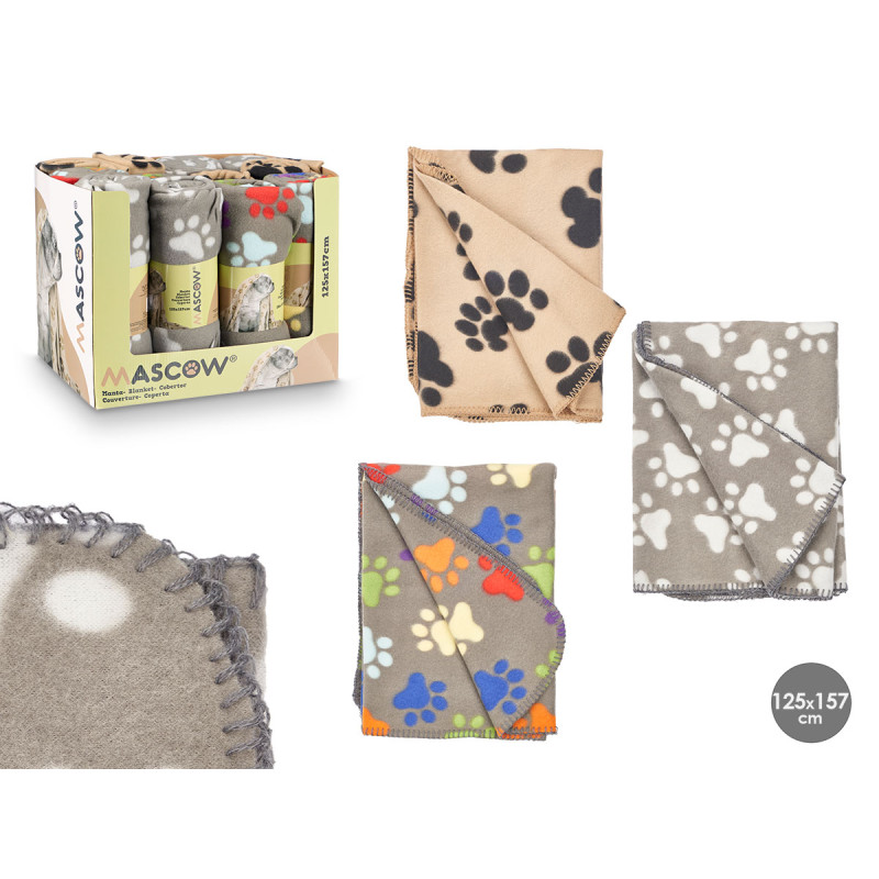 PET BLANKET PAWS ASSORTED 3 COLOURS 125X157CM