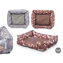 RECTANGULAR PET BED BONE PAWS ASSORT2 COL 58X48CM